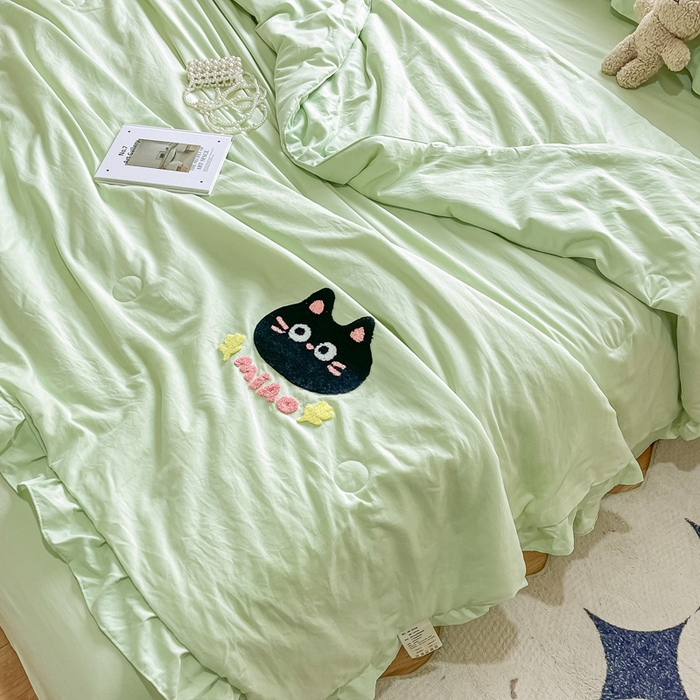 91家纺网 家纺一手货源 找家纺 宜家坊2024新款韩系花边ins风水洗棉夏被四件套 喵喵-水绿
