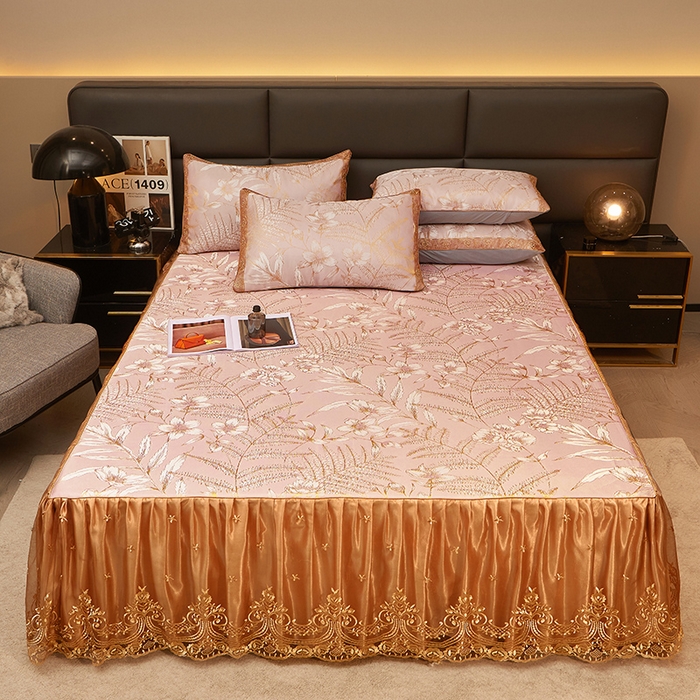 91家纺网 家纺一手货源 找家纺 罗艺轩 2024新款欧式色织大提花床裙凉席 春语