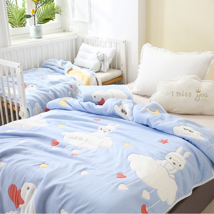 91家纺网 家纺一手货源 找家纺 朴尔家纺-毛巾被 2024年全棉十层纱布加厚儿童盖被毛巾被 云朵兔兰