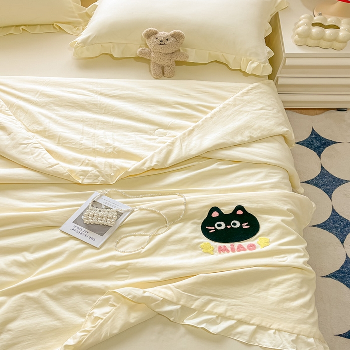 91家纺网 家纺一手货源 找家纺 宜家坊2024新款韩系花边ins风水洗棉夏被四件套 喵喵-米黄