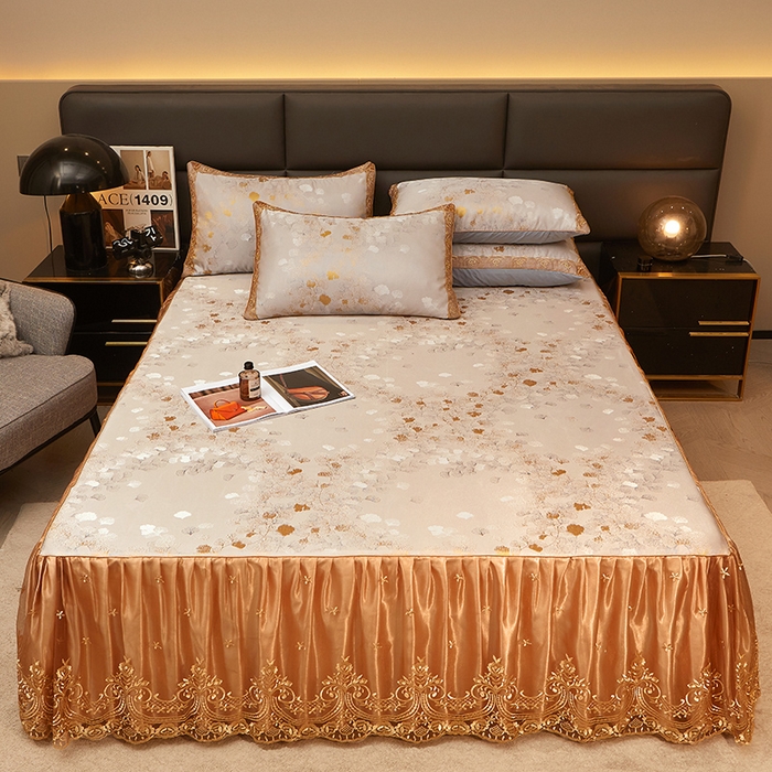 91家纺网 家纺一手货源 找家纺 罗艺轩 2024新款欧式色织大提花床裙凉席 银杏