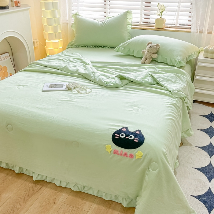 91家纺网 家纺一手货源 找家纺 宜家坊2024新款韩系花边ins风水洗棉夏被四件套 喵喵-水绿