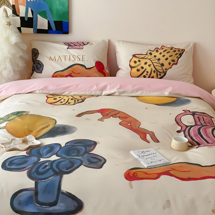 91家纺网 家纺一手货源 找家纺 艾沁家纺 2024新款a版40贡缎数码印花b版40水洗棉四件套-沉睡的马蒂斯场景二