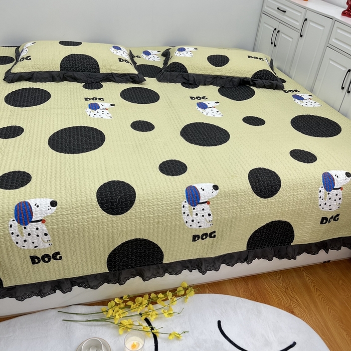 91家纺网 家纺一手货源 找家纺 暖居 2024新款支持定制纯棉榻榻米三件套单件被套农村大炕盖 波点狗绿