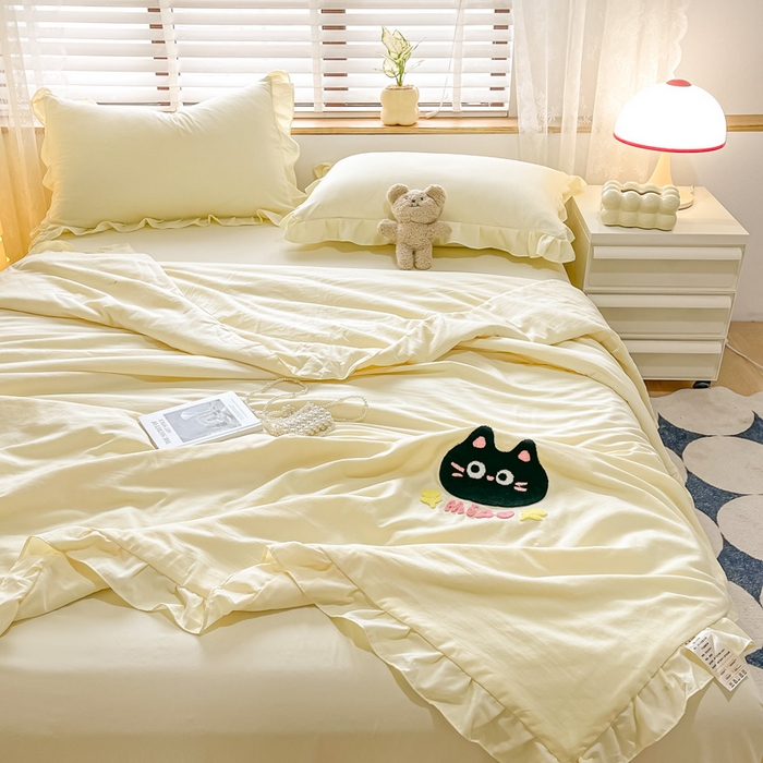 91家纺网 家纺一手货源 找家纺 宜家坊2024新款韩系花边ins风水洗棉夏被四件套 喵喵-米黄