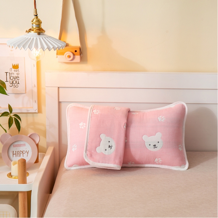 91家纺网 家纺一手货源 找家纺 朴尔2024全棉卡通六层纱布儿童枕套 甜蜜小熊粉-纱布枕套