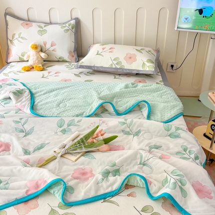 安哆啦 2024新款A类凉感丝冰豆豆夏被冰丝席冰藤席四件套 夏被-花丛间