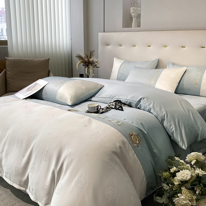 91家纺网 家纺一手货源 找家纺 澳梵 新款水洗真丝刺绣四件套【卢浮之夜】 卢浮之夜-蓝白