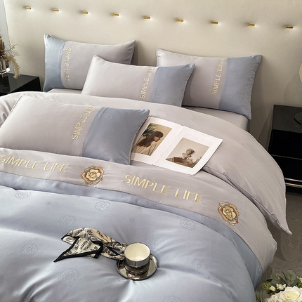 澳梵 新款水洗真丝刺绣四件套【卢浮之夜】 卢浮之夜-浅灰蓝
