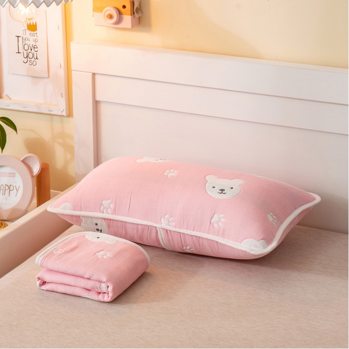 91家纺网 家纺一手货源 找家纺 朴尔2024全棉卡通六层纱布儿童枕套 甜蜜小熊粉-纱布枕套