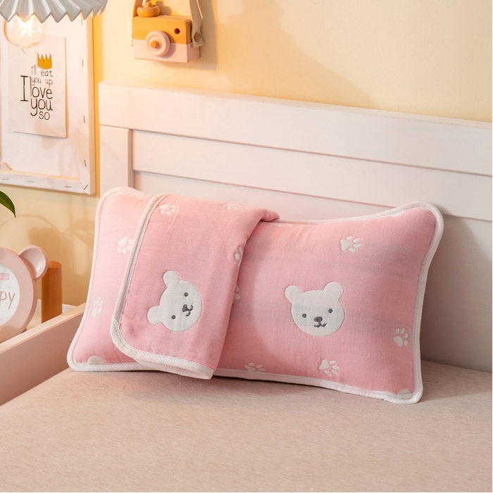 91家纺网 家纺一手货源 找家纺 朴尔2024全棉卡通六层纱布儿童枕套 甜蜜小熊粉-纱布枕套