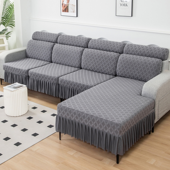 91家纺网 家纺一手货源 找家纺 千彤沙发垫 2024新款裙边款拉花绒菱形格系列沙发笠 深灰