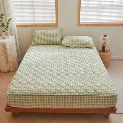 居眠 2024新款全棉色织水洗棉格子夹棉床笠 夹棉款-都灵-绿