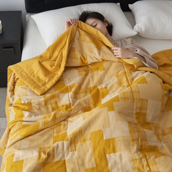 91家纺网 家纺一手货源 找家纺 安莱生活 2024新款双层纱拼布田园单夏被系列 拼布田园-姜黄