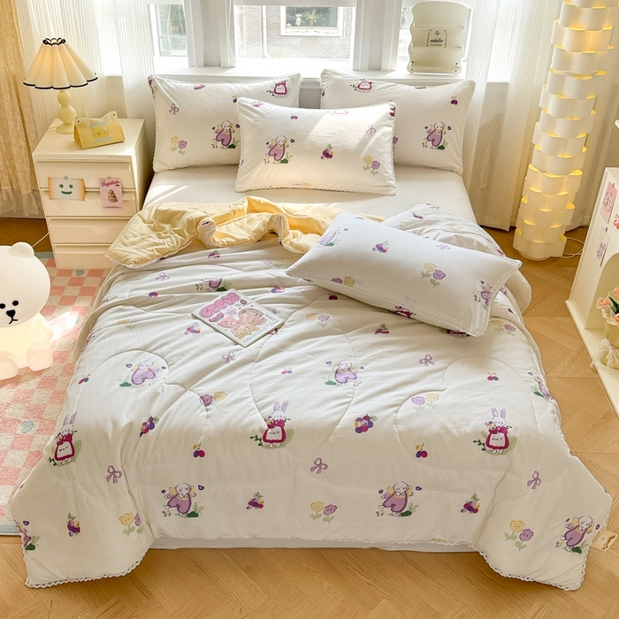 91家纺网 家纺一手货源 找家纺 慕尚家纺2025新款双层纱水洗夏被子被芯 紫藤小兔