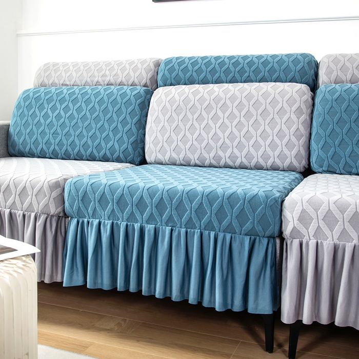 91家纺网 家纺一手货源 找家纺 千彤沙发垫 2024新款裙边款拉花绒菱形格系列沙发笠 水蓝银灰组合