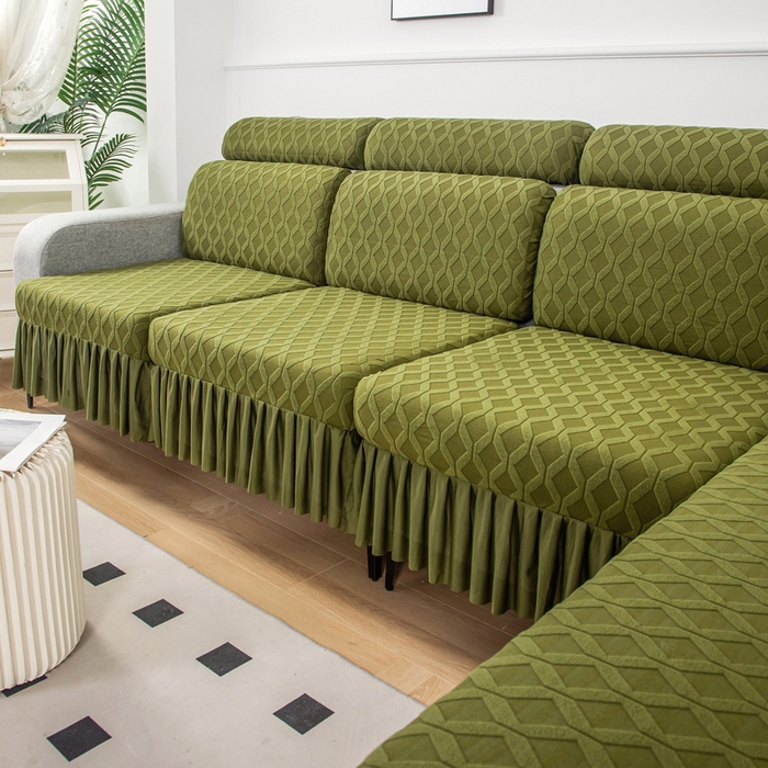 91家纺网 家纺一手货源 找家纺 千彤沙发垫 2024新款裙边款拉花绒菱形格系列沙发笠 橄榄绿