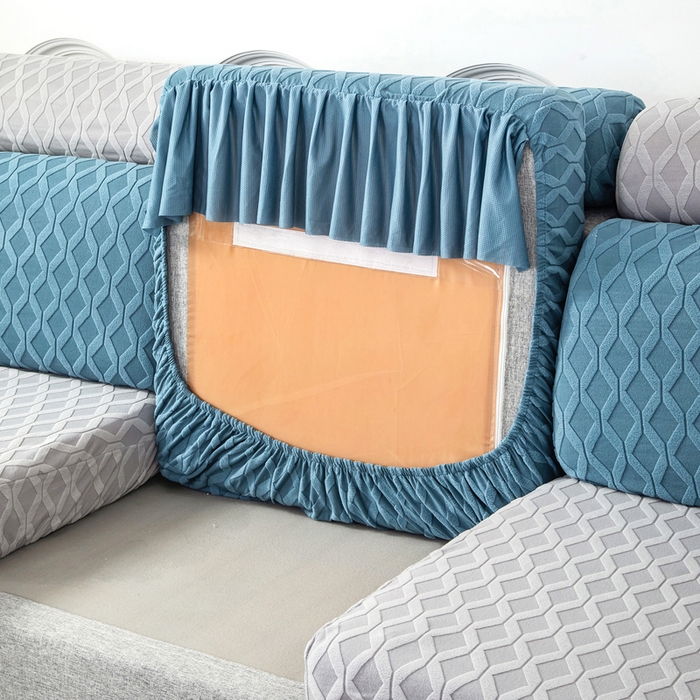 91家纺网 家纺一手货源 找家纺 千彤沙发垫 2024新款裙边款拉花绒菱形格系列沙发笠 水蓝银灰组合