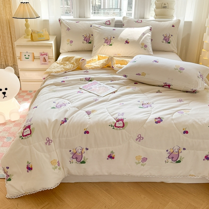 91家纺网 家纺一手货源 找家纺 慕尚家纺2025新款双层纱水洗夏被子被芯 紫藤小兔