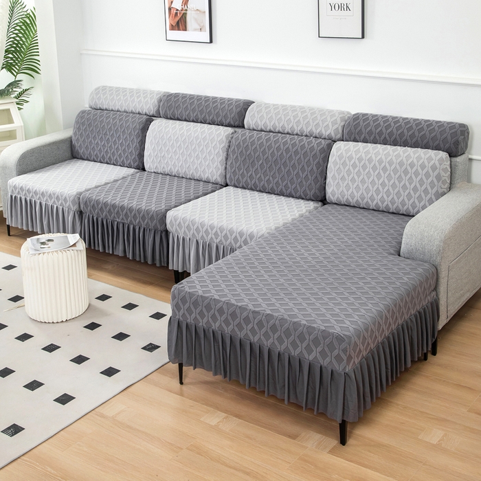 91家纺网 家纺一手货源 找家纺 千彤沙发垫 2024新款裙边款拉花绒菱形格系列沙发笠 深灰银灰组合