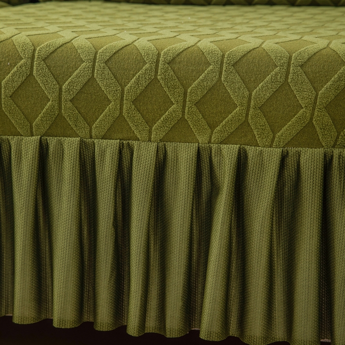 91家纺网 家纺一手货源 找家纺 千彤沙发垫 2024新款裙边款拉花绒菱形格系列沙发笠 橄榄绿