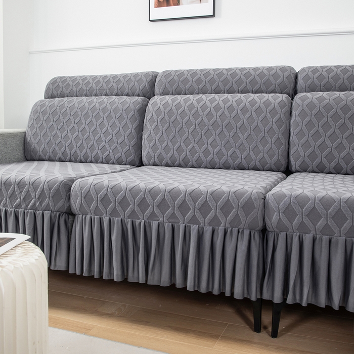 91家纺网 家纺一手货源 找家纺 千彤沙发垫 2024新款裙边款拉花绒菱形格系列沙发笠 深灰