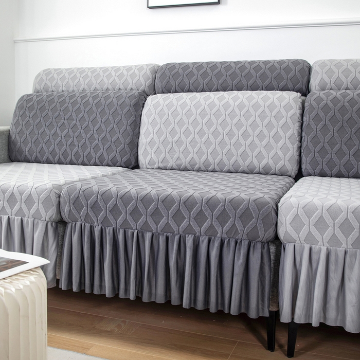 91家纺网 家纺一手货源 找家纺 千彤沙发垫 2024新款裙边款拉花绒菱形格系列沙发笠 深灰银灰组合