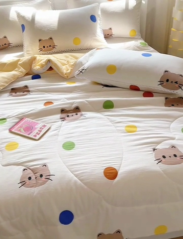 91家纺网 家纺一手货源 找家纺 慕尚家纺2025新款双层纱水洗夏被子被芯 波点猫