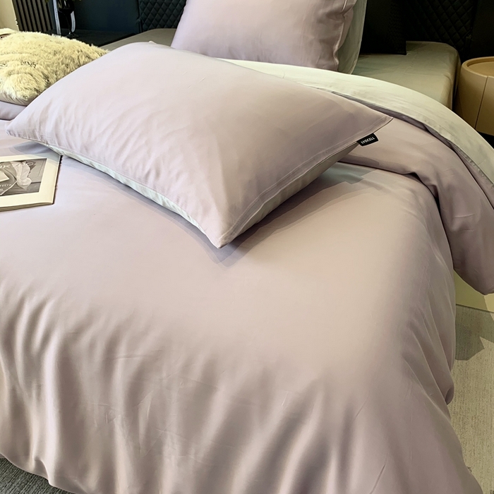 91家纺网 家纺一手货源 找家纺 莱豫家纺 2024新款80支莱赛尔天丝纯色双拼四件套 奶油香芋紫