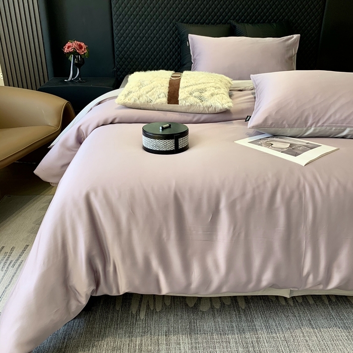 91家纺网 家纺一手货源 找家纺 莱豫家纺 2024新款80支莱赛尔天丝纯色双拼四件套 奶油香芋紫