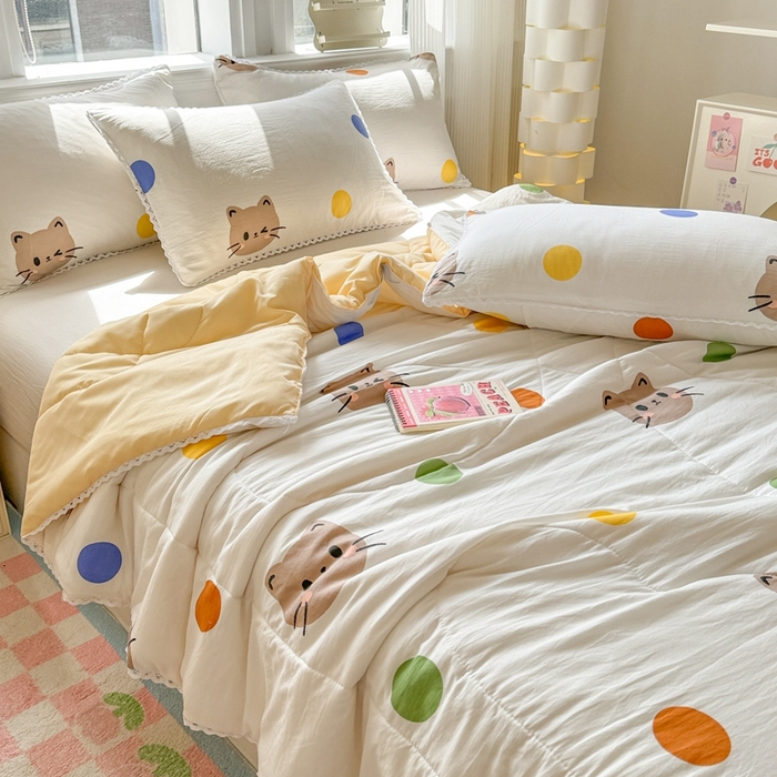 91家纺网 家纺一手货源 找家纺 慕尚家纺2025新款双层纱水洗夏被子被芯 波点猫