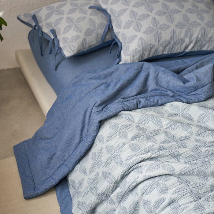 91家纺网 家纺一手货源 找家纺 安莱生活 2024新款双层纱色织提花四叶草夏被及夏被四件套系列 四叶草-蓝