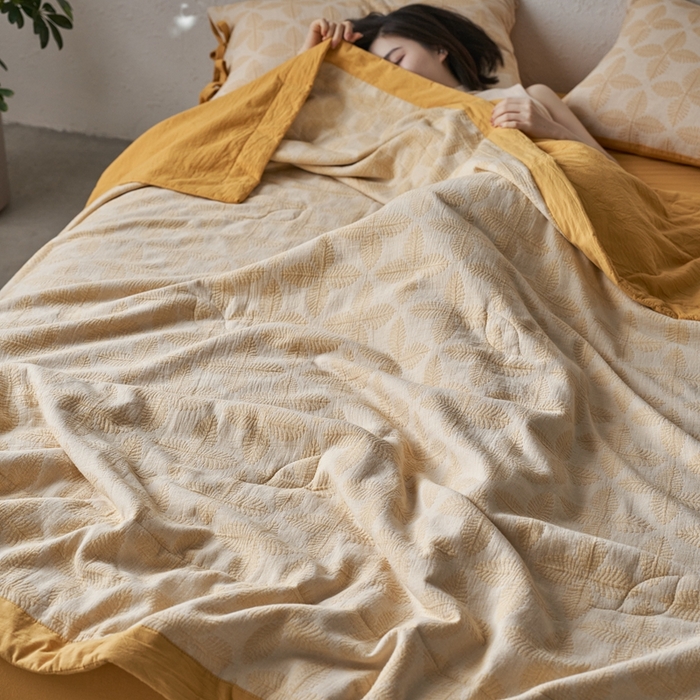 91家纺网 家纺一手货源 找家纺 安莱生活 2024新款双层纱色织提花四叶草夏被及夏被四件套系列 四叶草-黄