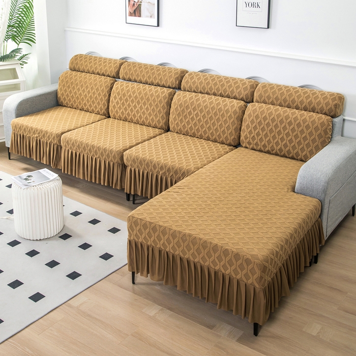 91家纺网 家纺一手货源 找家纺 千彤沙发垫 2024新款裙边款拉花绒菱形格系列沙发笠 咖色