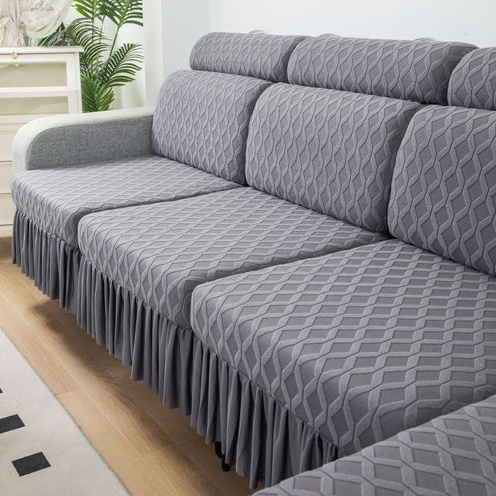 91家纺网 家纺一手货源 找家纺 千彤沙发垫 2024新款裙边款拉花绒菱形格系列沙发笠 深灰