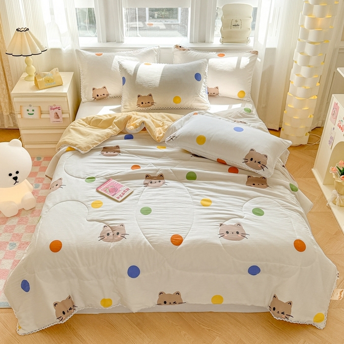 91家纺网 家纺一手货源 找家纺 慕尚家纺2025新款双层纱水洗夏被子被芯 波点猫