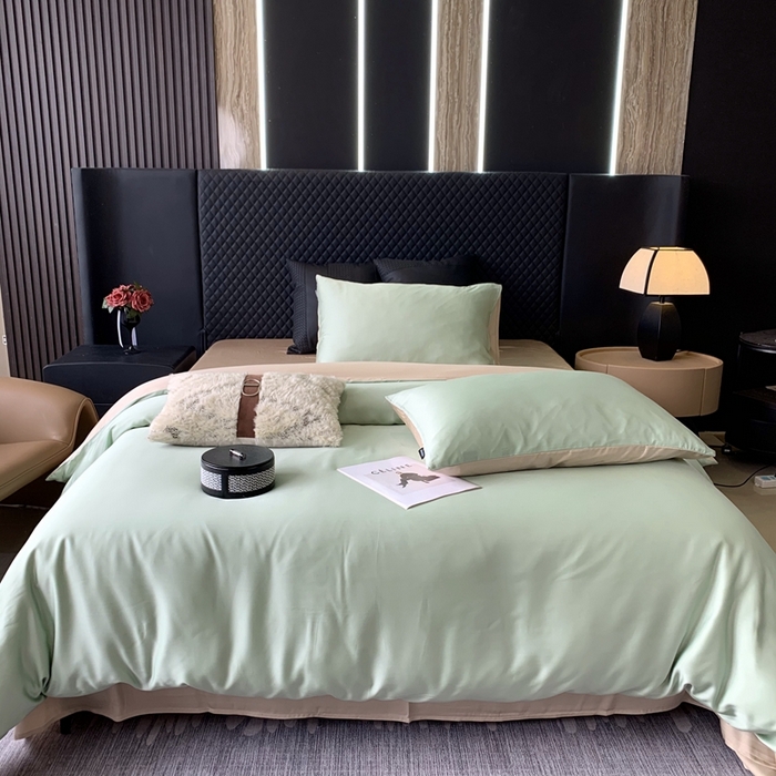 91家纺网 家纺一手货源 找家纺 莱豫家纺 2024新款80支莱赛尔天丝纯色双拼四件套 初夏春田绿