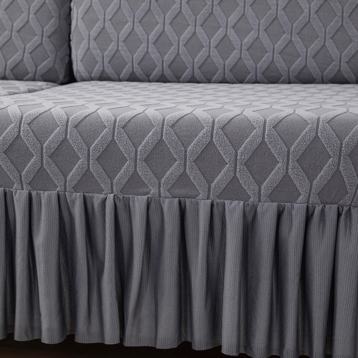 91家纺网 家纺一手货源 找家纺 千彤沙发垫 2024新款裙边款拉花绒菱形格系列沙发笠 深灰