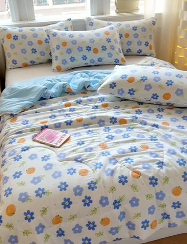 91家纺网 家纺一手货源 找家纺 慕尚家纺2025新款双层纱水洗夏被子被芯 橘子小花