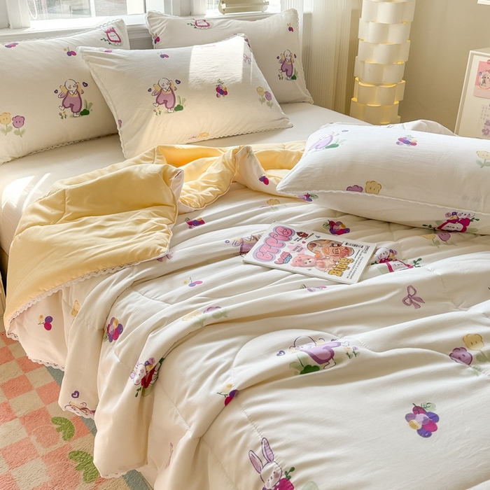 91家纺网 家纺一手货源 找家纺 慕尚家纺2025新款双层纱水洗夏被子被芯 紫藤小兔