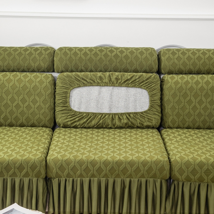 91家纺网 家纺一手货源 找家纺 千彤沙发垫 2024新款裙边款拉花绒菱形格系列沙发笠 橄榄绿