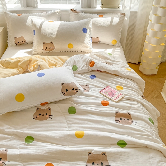 91家纺网 家纺一手货源 找家纺 慕尚家纺2025新款双层纱水洗夏被子被芯 波点猫