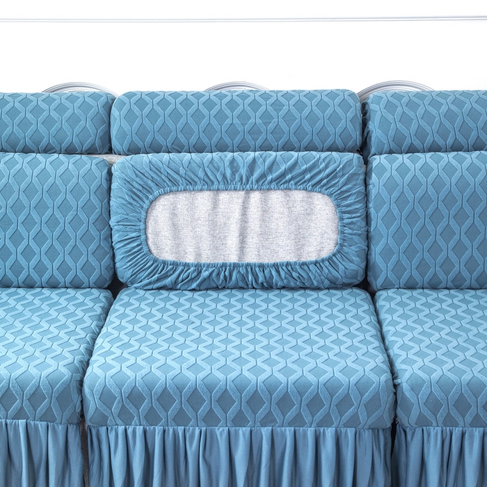 91家纺网 家纺一手货源 找家纺 千彤沙发垫 2024新款裙边款拉花绒菱形格系列沙发笠 水蓝