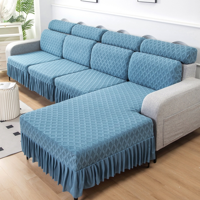 91家纺网 家纺一手货源 找家纺 千彤沙发垫 2024新款裙边款拉花绒菱形格系列沙发笠 水蓝