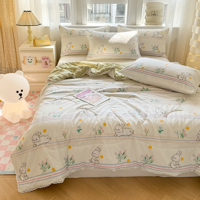 91家纺网 家纺一手货源 找家纺 慕尚家纺2025新款双层纱水洗夏被子被芯 粉黛小兔