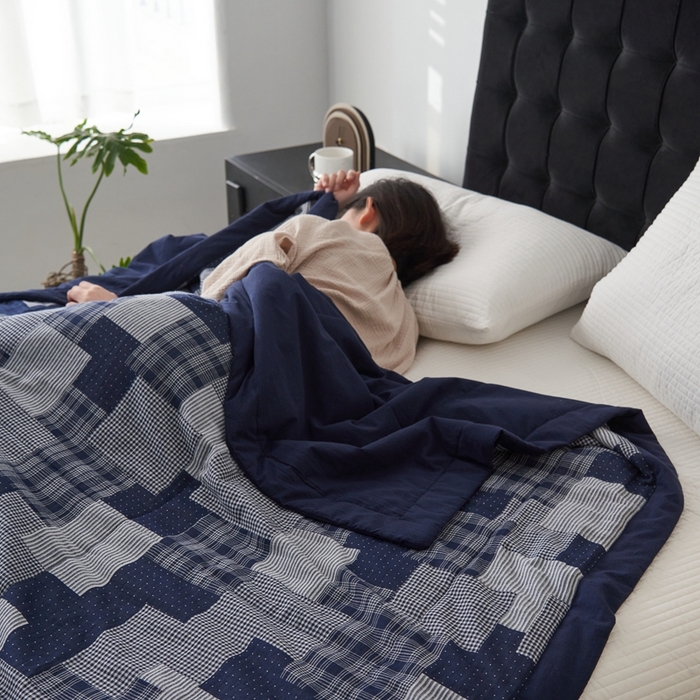 91家纺网 家纺一手货源 找家纺 安莱生活 2024新款双层纱拼布田园单夏被系列 拼布田园-藏青