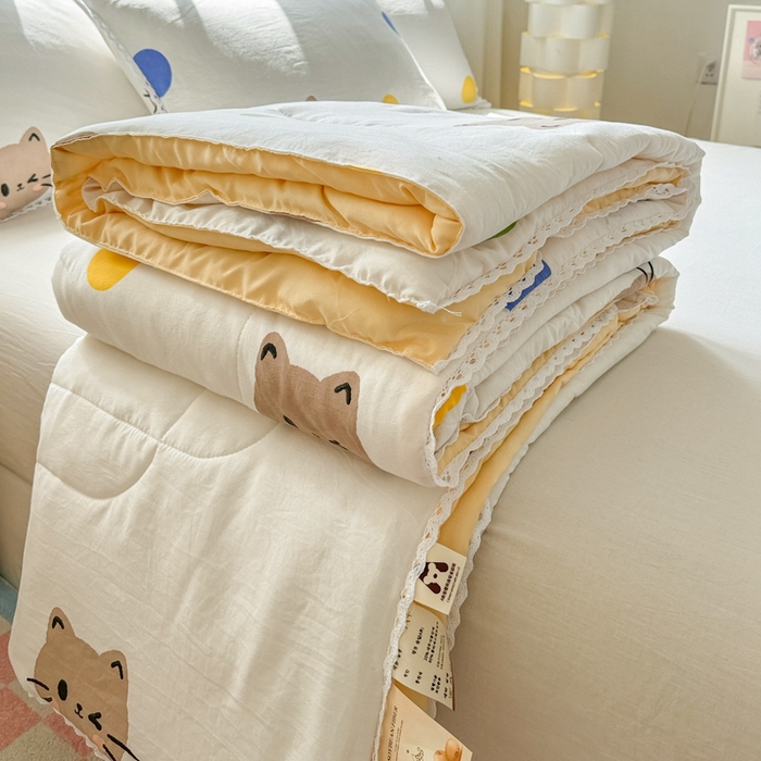 91家纺网 家纺一手货源 找家纺 慕尚家纺2025新款双层纱水洗夏被子被芯 波点猫