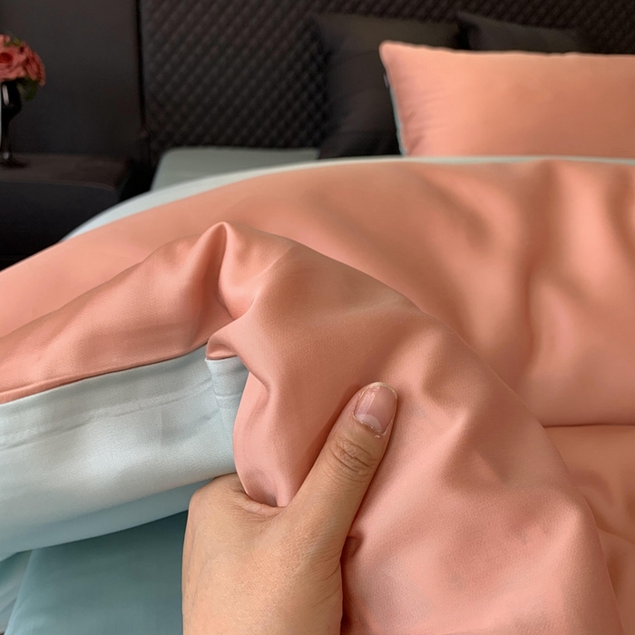 91家纺网 家纺一手货源 找家纺 莱豫家纺 2024新款80支莱赛尔天丝纯色双拼四件套 伯爵夫人粉