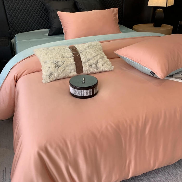 91家纺网 家纺一手货源 找家纺 莱豫家纺 2024新款80支莱赛尔天丝纯色双拼四件套 伯爵夫人粉