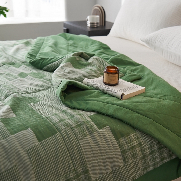 91家纺网 家纺一手货源 找家纺 安莱生活 2024新款双层纱拼布田园单夏被系列 拼布田园-嫩绿